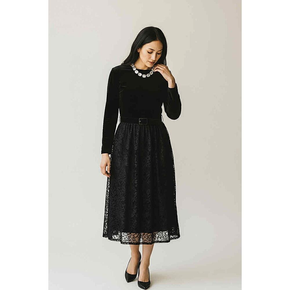 Vintage Susan Bennett Black Velvet Lace Midi Dress Bow Belt Korea Size 10 Lined